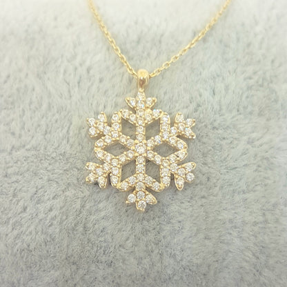 14K Real Solid Gold Snowflake Design with Zirconia Stones Cute Dainty Charm Elegant Delicate Trendy Pendant Necklace Best Birthday Gift for Women Jewelry Girlfriend Wife Mother