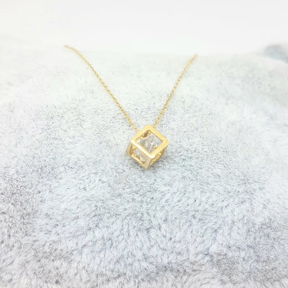 14K Real Solid Gold Elegant Cube Style Tiny Charm Dainty Delicate Cute Trendy Pendant Necklace with Floating Zirconia Stone for Women Wife Girlfriend Mom Best Birthday Gift