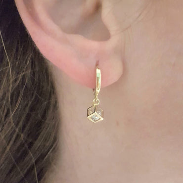 14K Real Solid Gold Square Cube Style Inside Moving Zirconia Stone Drop Dangle Hoop Earrings