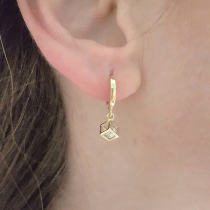 14K Real Solid Gold Square Cube Style Inside Moving Zirconia Stone Drop Dangle Hoop Earrings