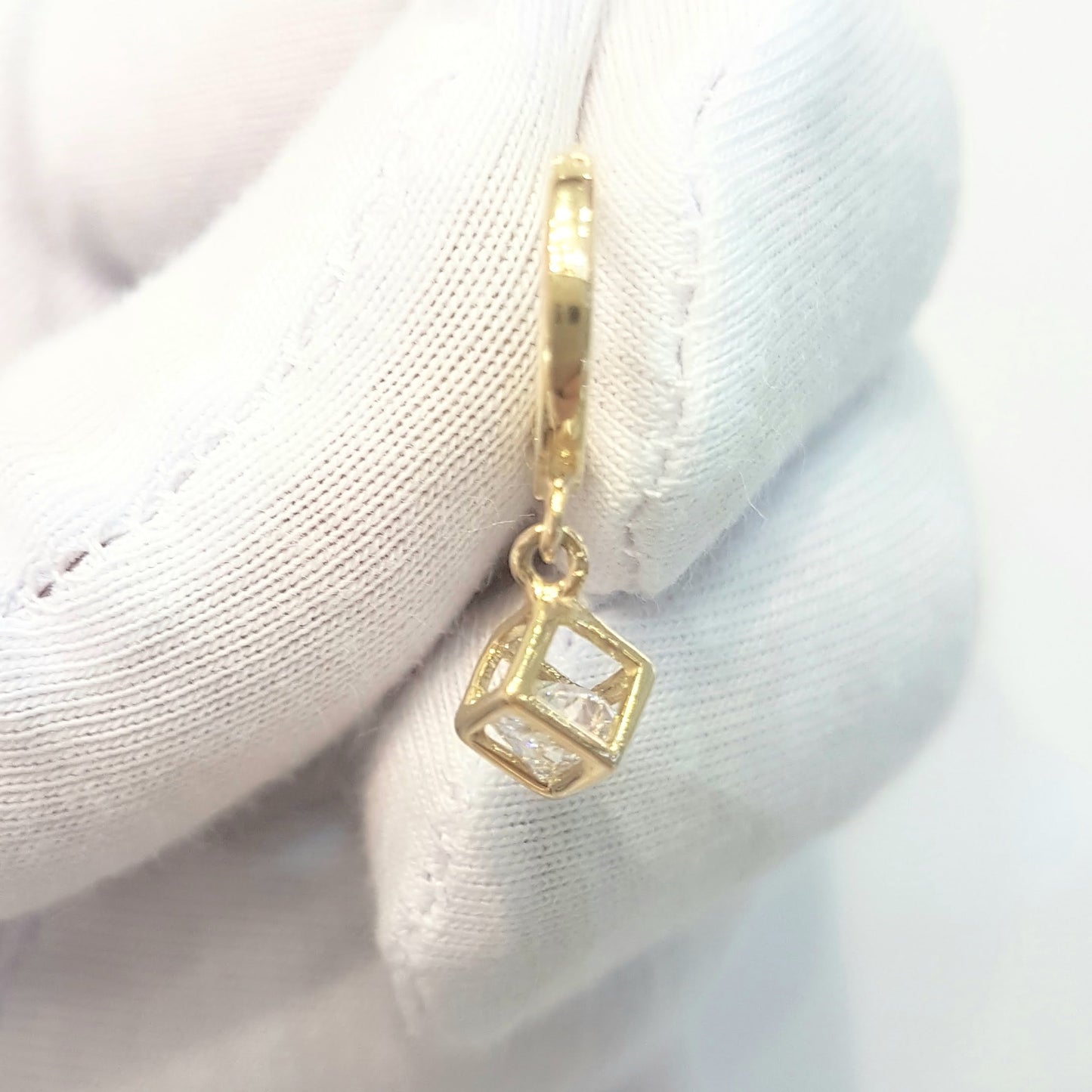 14K Real Solid Gold Square Cube Style Inside Moving Zirconia Stone Drop Dangle Hoop Earrings