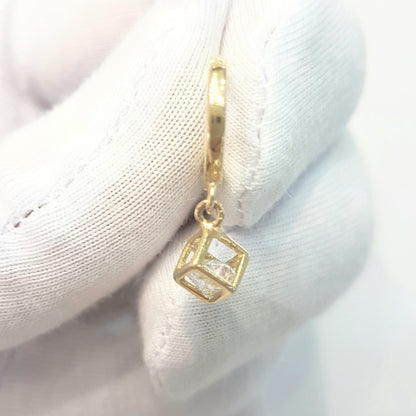 14K Real Solid Gold Square Cube Style Inside Moving Zirconia Stone Drop Dangle Hoop Earrings