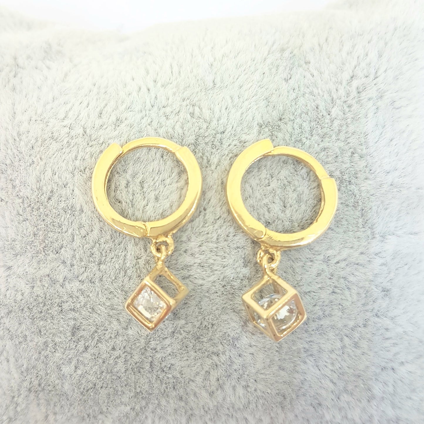 14K Real Solid Gold Square Cube Style Inside Moving Zirconia Stone Drop Dangle Hoop Earrings