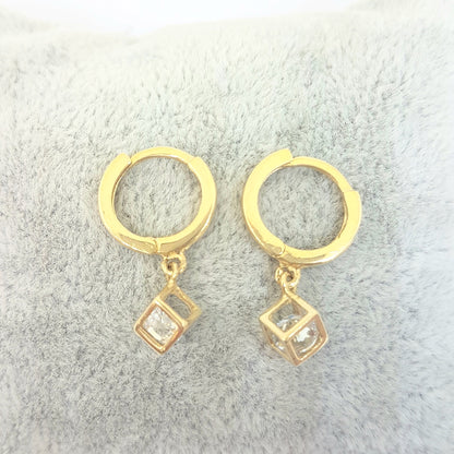14K Real Solid Gold Square Cube Style Inside Moving Zirconia Stone Drop Dangle Hoop Earrings