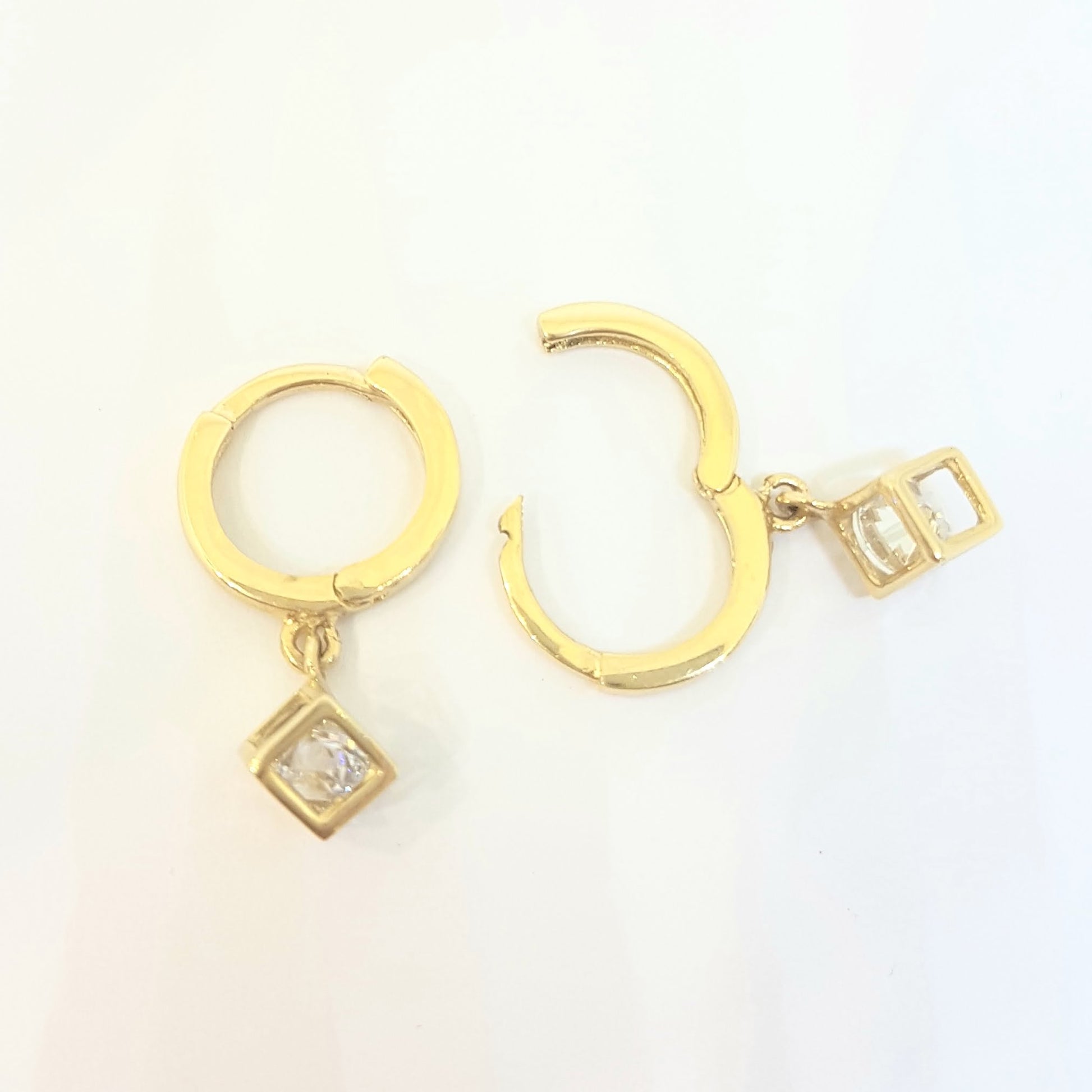 14K Real Solid Gold Square Cube Style Inside Moving Zirconia Stone Drop Dangle Hoop Earrings