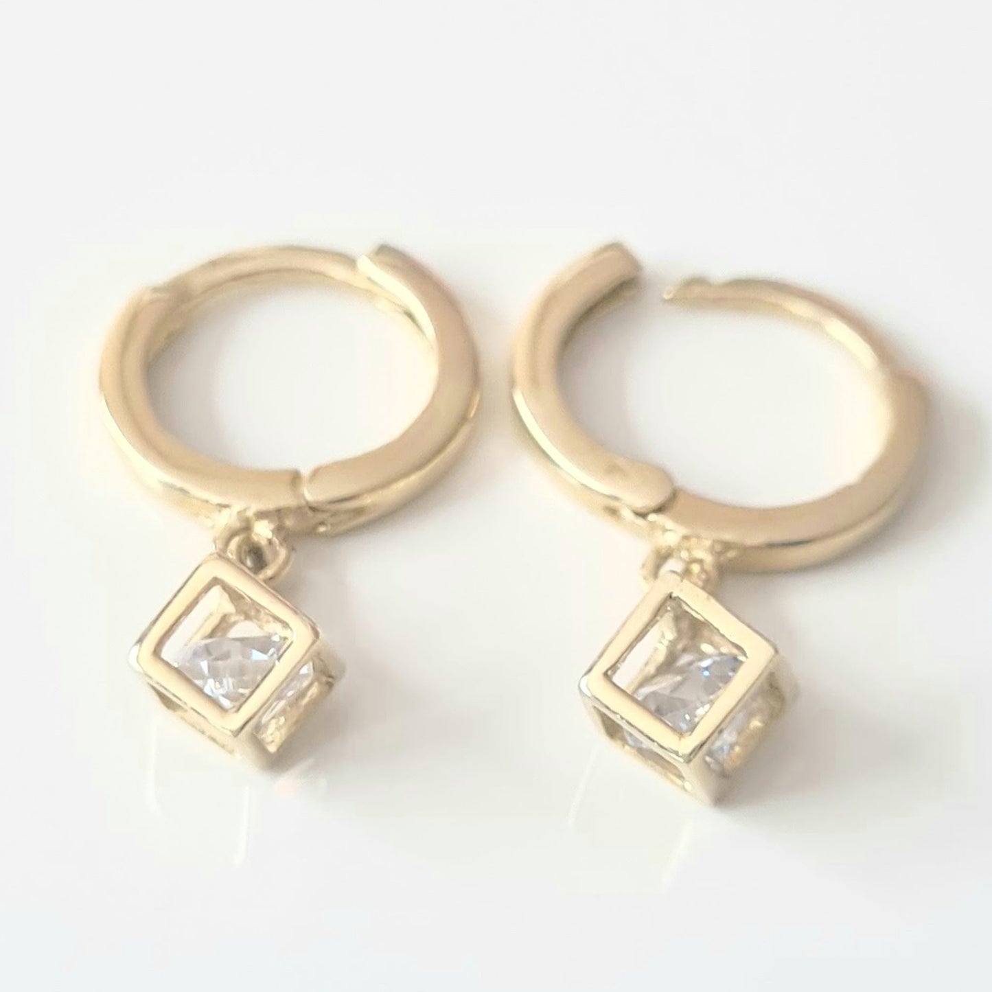 14K Real Solid Gold Square Cube Style Inside Moving Zirconia Stone Drop Dangle Hoop Earrings