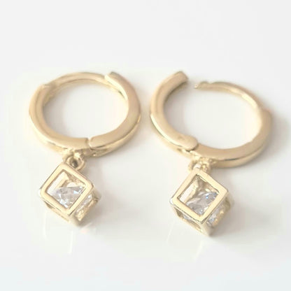 14K Real Solid Gold Square Cube Style Inside Moving Zirconia Stone Drop Dangle Hoop Earrings