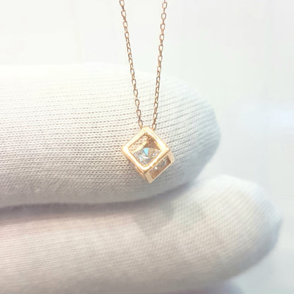 14K Real Solid Gold Square Cube Style Inside Zirconia Stone Tiny Cute Charm Dainty Delicate Trendy Pendant Necklace birthday gift for Women Jewelry girlfriend teengirls