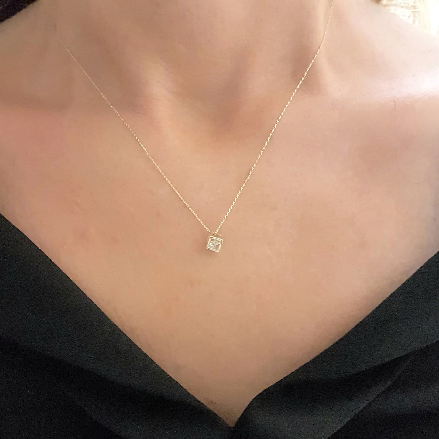 14K Real Solid Gold Square Cube Style Inside Zirconia Stone Tiny Cute Charm Dainty Delicate Trendy Pendant Necklace birthday gift for Women Jewelry girlfriend teengirls