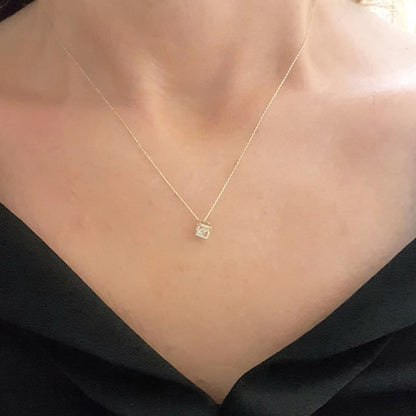 14K Real Solid Gold Square Cube Style Inside Zirconia Stone Tiny Cute Charm Dainty Delicate Trendy Pendant Necklace birthday gift for Women Jewelry girlfriend teengirls