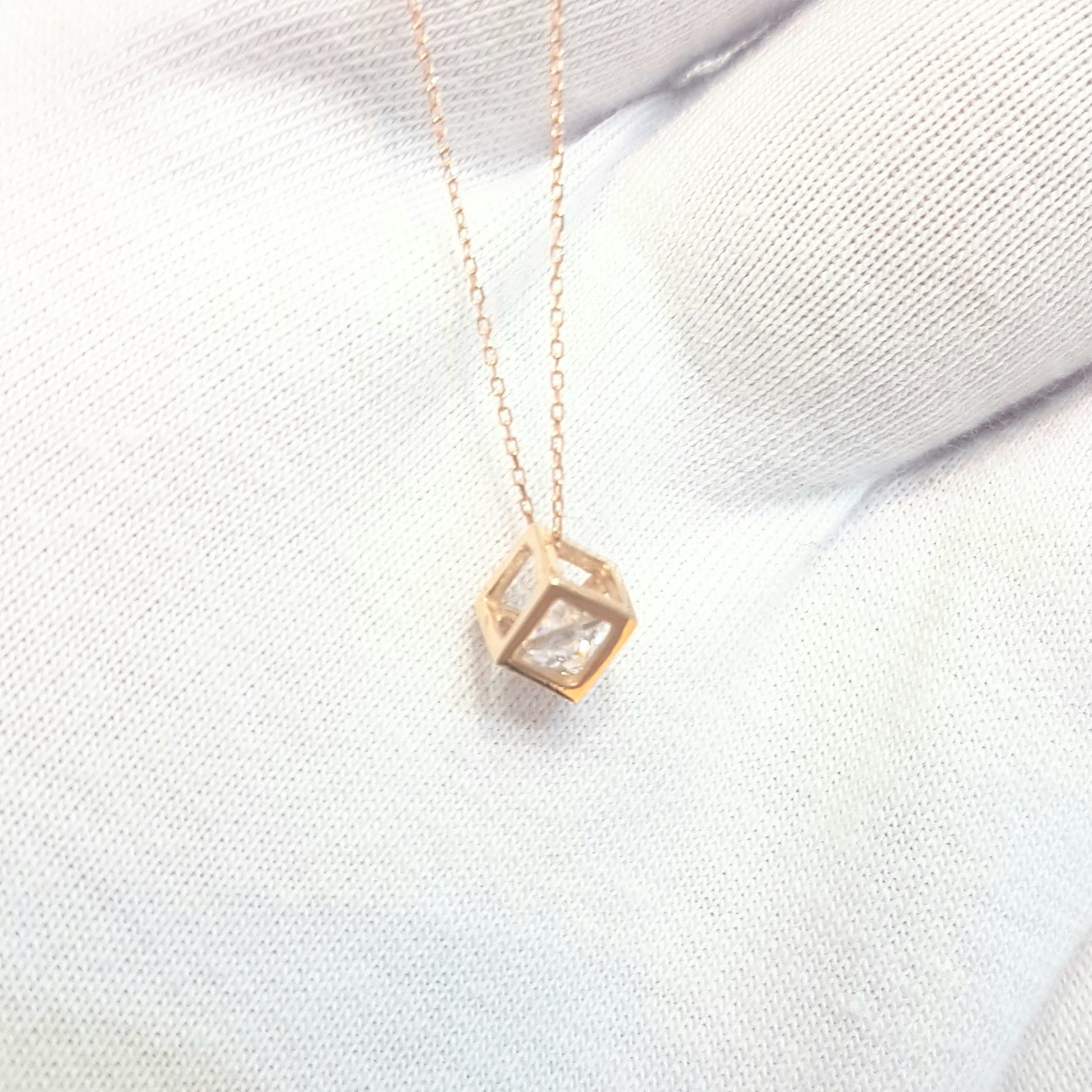 14K Real Solid Gold Square Cube Style Inside Zirconia Stone Tiny Cute Charm Dainty Delicate Trendy Pendant Necklace birthday gift for Women Jewelry girlfriend teengirls