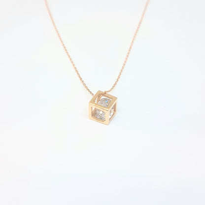 14K Real Solid Gold Square Cube Style Inside Zirconia Stone Tiny Cute Charm Dainty Delicate Trendy Pendant Necklace birthday gift for Women Jewelry girlfriend teengirls