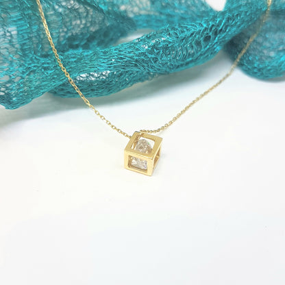 14K Real Solid Gold Elegant Cube Style Tiny Charm Dainty Delicate Cute Trendy Pendant Necklace with Floating Zirconia Stone for Women Wife Girlfriend Mom Best Birthday Gift