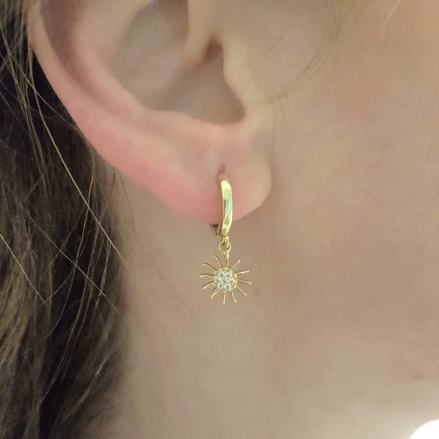 14K Real Solid Gold Sun Drop Dangle Earrings for Women