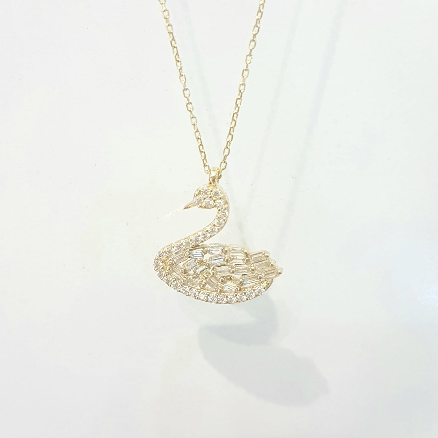 14K Real Solid Gold Swan Design with Baguette and Cubic Zirconia Stones Dainty Charm Pendant Necklace for Women