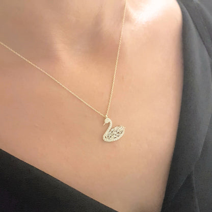 14K Real Solid Gold Swan Design with Baguette and Cubic Zirconia Stones Dainty Charm Pendant Necklace for Women