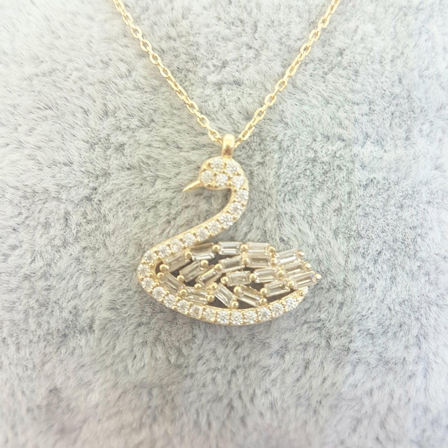 14K Real Solid Gold Swan Design with Baguette and Cubic Zirconia Stones Dainty Charm Pendant Necklace for Women