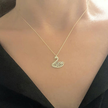 14K Real Solid Gold Swan Design with Baguette and Cubic Zirconia Stones Dainty Charm Pendant Necklace for Women