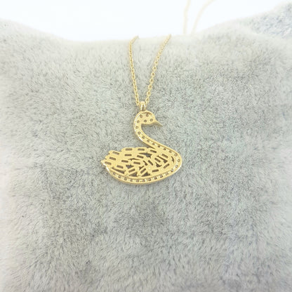 14K Real Solid Gold Swan Design with Baguette and Cubic Zirconia Stones Dainty Charm Pendant Necklace for Women