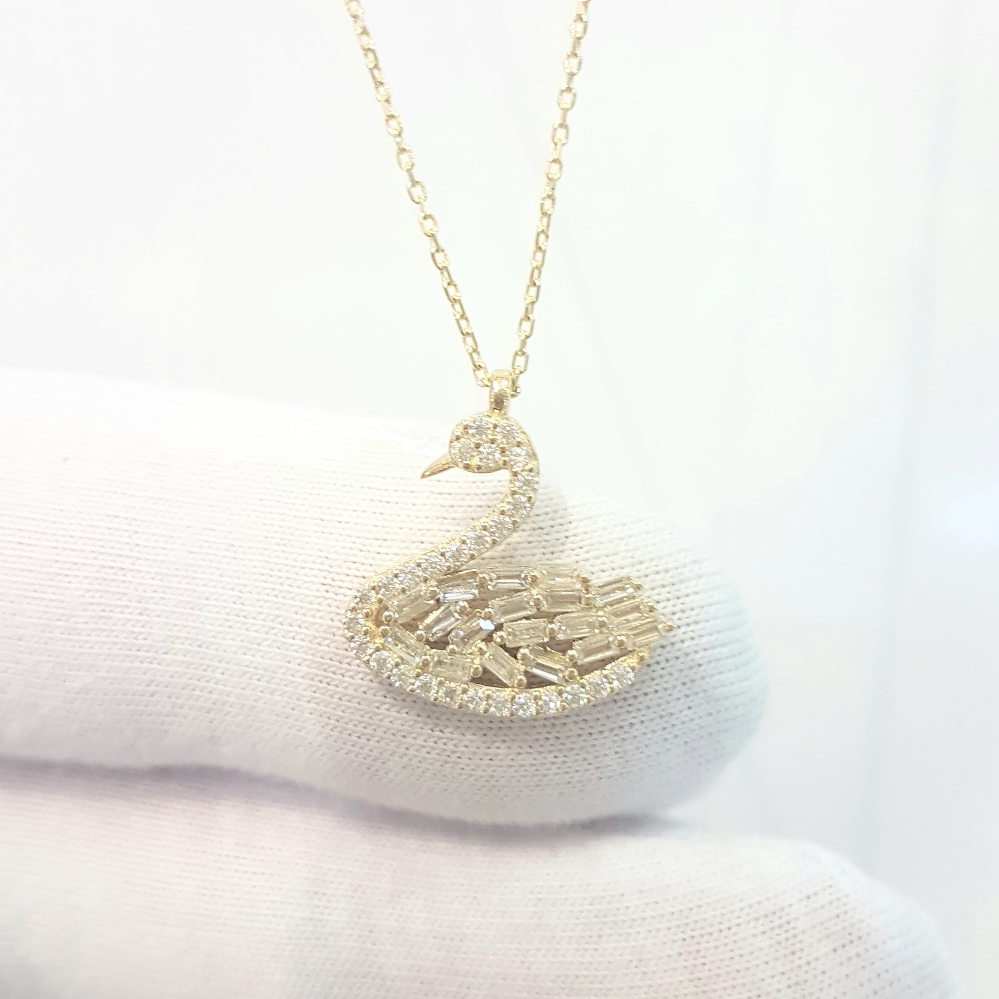 14K Real Solid Gold Swan Design with Baguette and Cubic Zirconia Stones Dainty Charm Pendant Necklace for Women