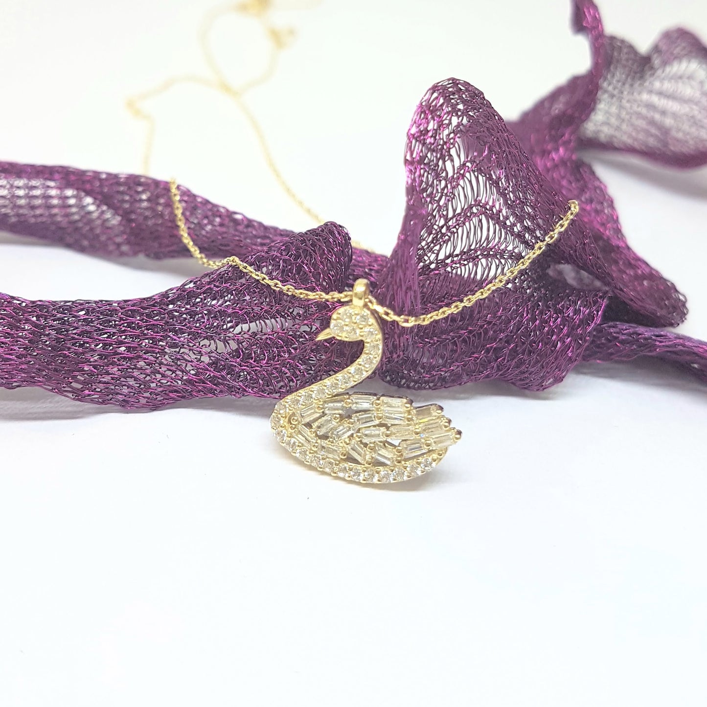 14K Real Solid Gold Swan Design with Baguette and Cubic Zirconia Stones Dainty Charm Pendant Necklace for Women