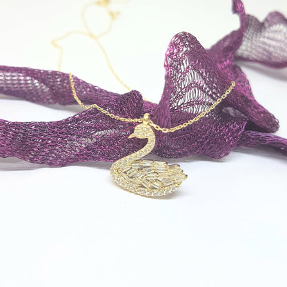 14K Real Solid Gold Swan Design with Baguette and Cubic Zirconia Stones Dainty Charm Pendant Necklace for Women