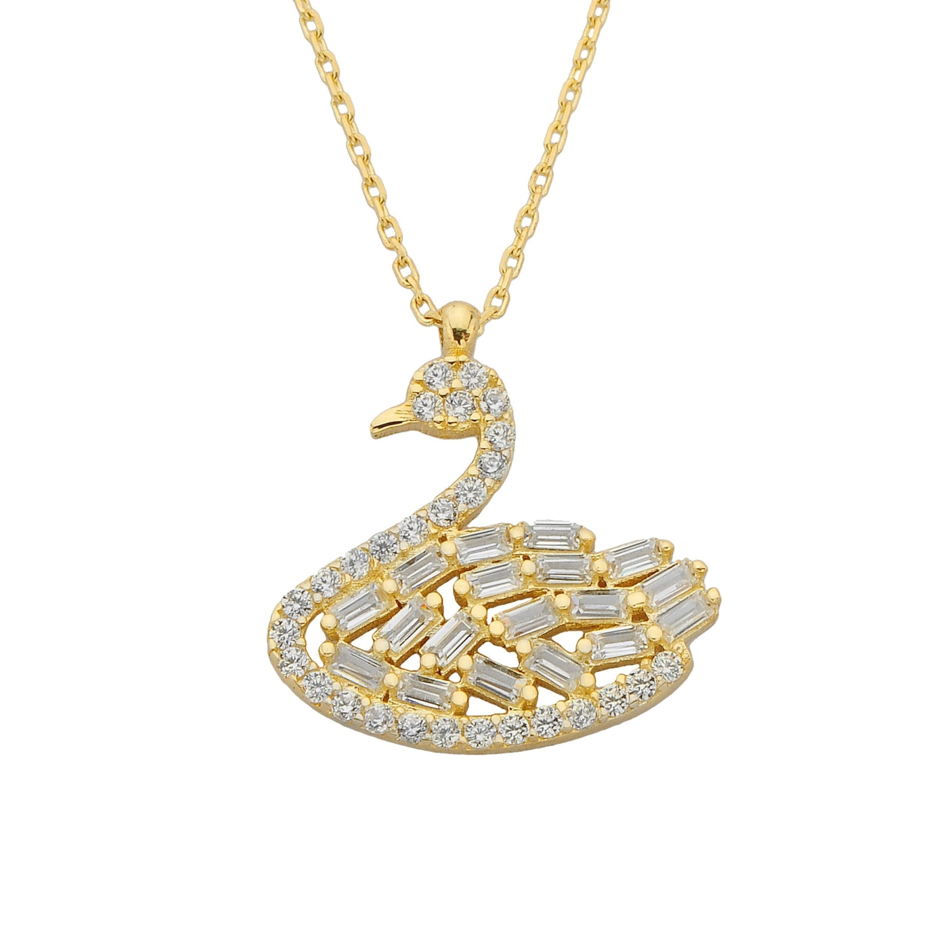 14K Real Solid Gold Swan Necklace Baguette and Cubic Zirconia Stones Dainty Charm Pendant for Women Birthday Mother's Day Christmas Gift Animal Jewelry