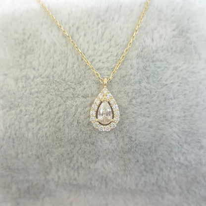 14K Real Solid Gold CZ Halo Teardrop Necklace for Women