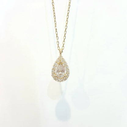 14K Real Solid Gold TearDrop Design with Halo White Zirconia Stones Charm Cute Tiny Elegant Dainty Delicate Trendy Pendant Necklace Best Birthday Gift for Women Jewelry