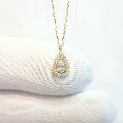 14K Real Solid Gold TearDrop Design with Halo White Zirconia Stones Charm Cute Tiny Elegant Dainty Delicate Trendy Pendant Necklace Best Birthday Gift for Women Jewelry