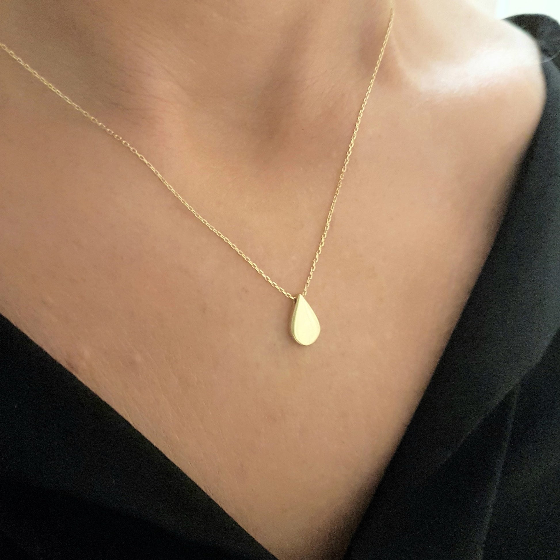 14K Real Solid Gold Tear Drop Shaped Charm Tiny Cute Dainty Delicate Trendy Pendant Necklace