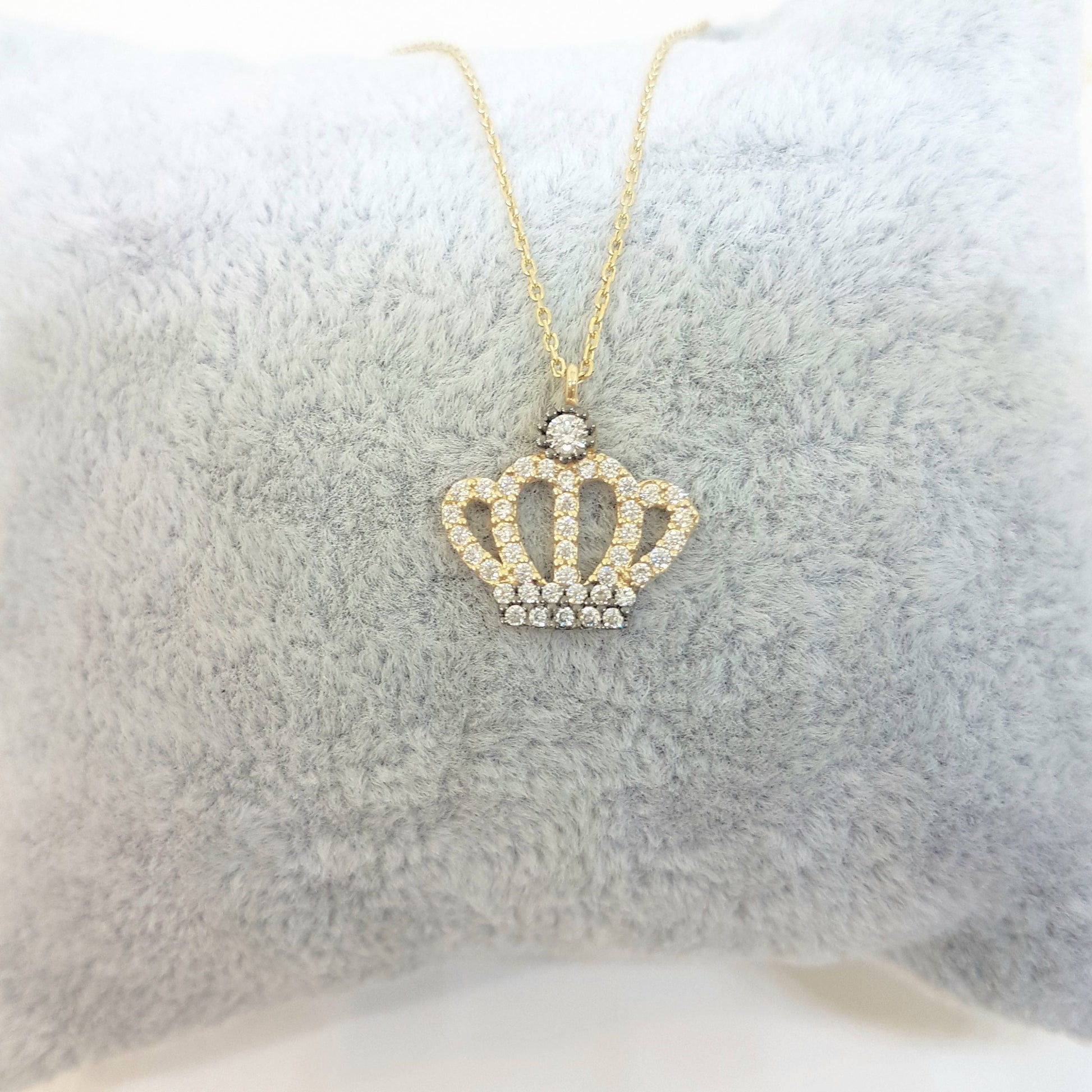 Queen Princess Crown Pendant Necklace 14K Real Solid Gold with White Zirconia Stones Cute Charm Dainty Delicate Trendy Best Birthday gift for women the best way to say You are the Queen of My Heart