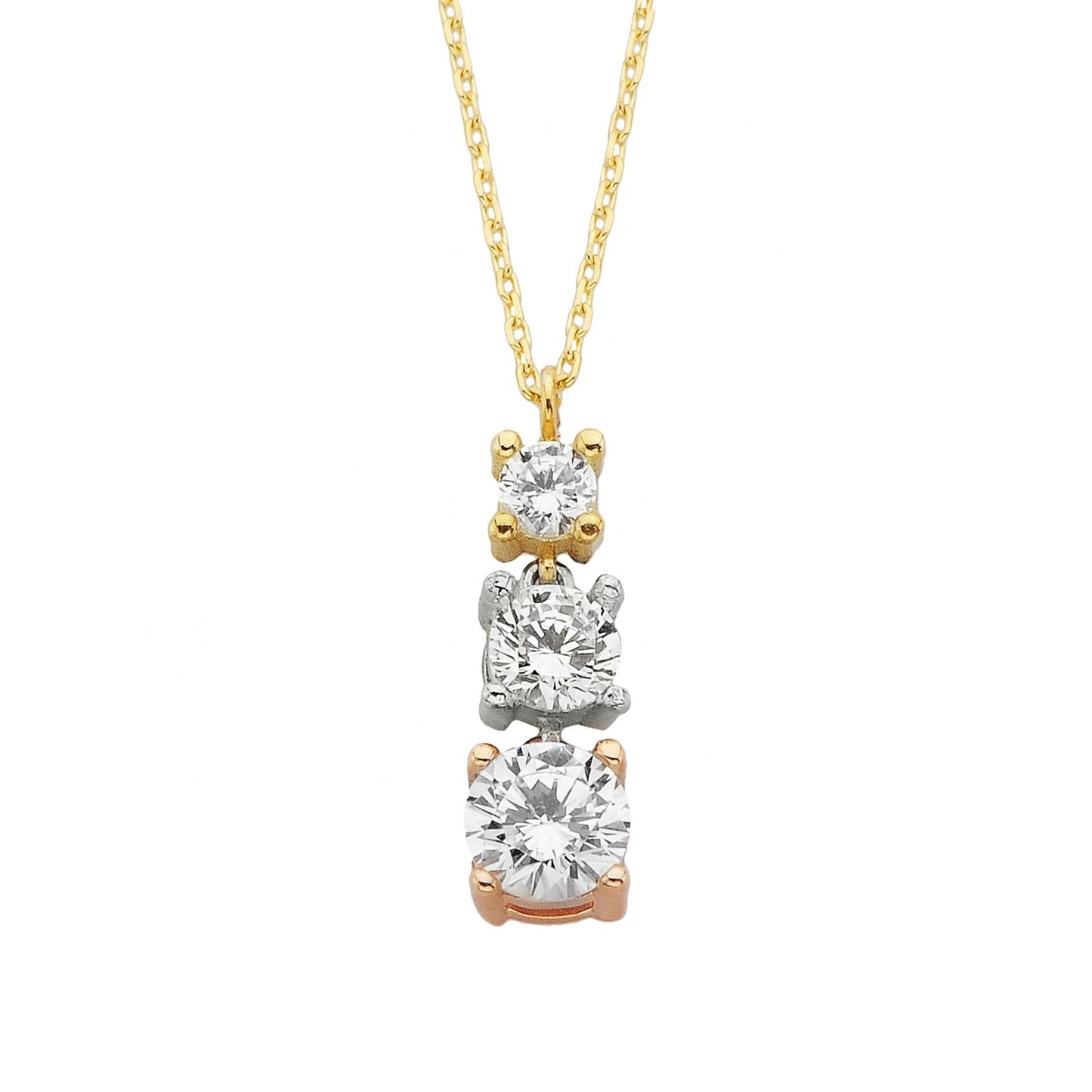 14K Real Solid Gold Trio Stone Necklace | Layered Necklaces | Past Present Future Pendant | Yellow White Rose Jewelry Birthday Christmas Mother's day gift CZ cubic zirconia