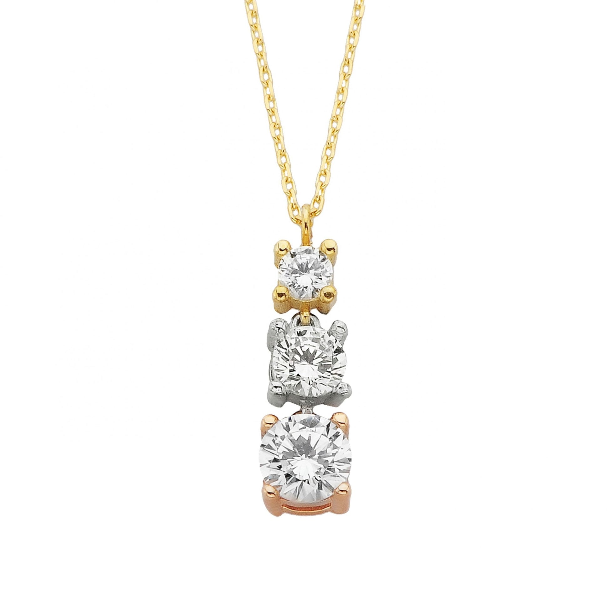 14K Real Solid Gold Trio Stone Necklace | Layered Necklaces | Past Present Future Pendant | Yellow White Rose Jewelry Birthday Christmas Mother's day gift CZ cubic zirconia