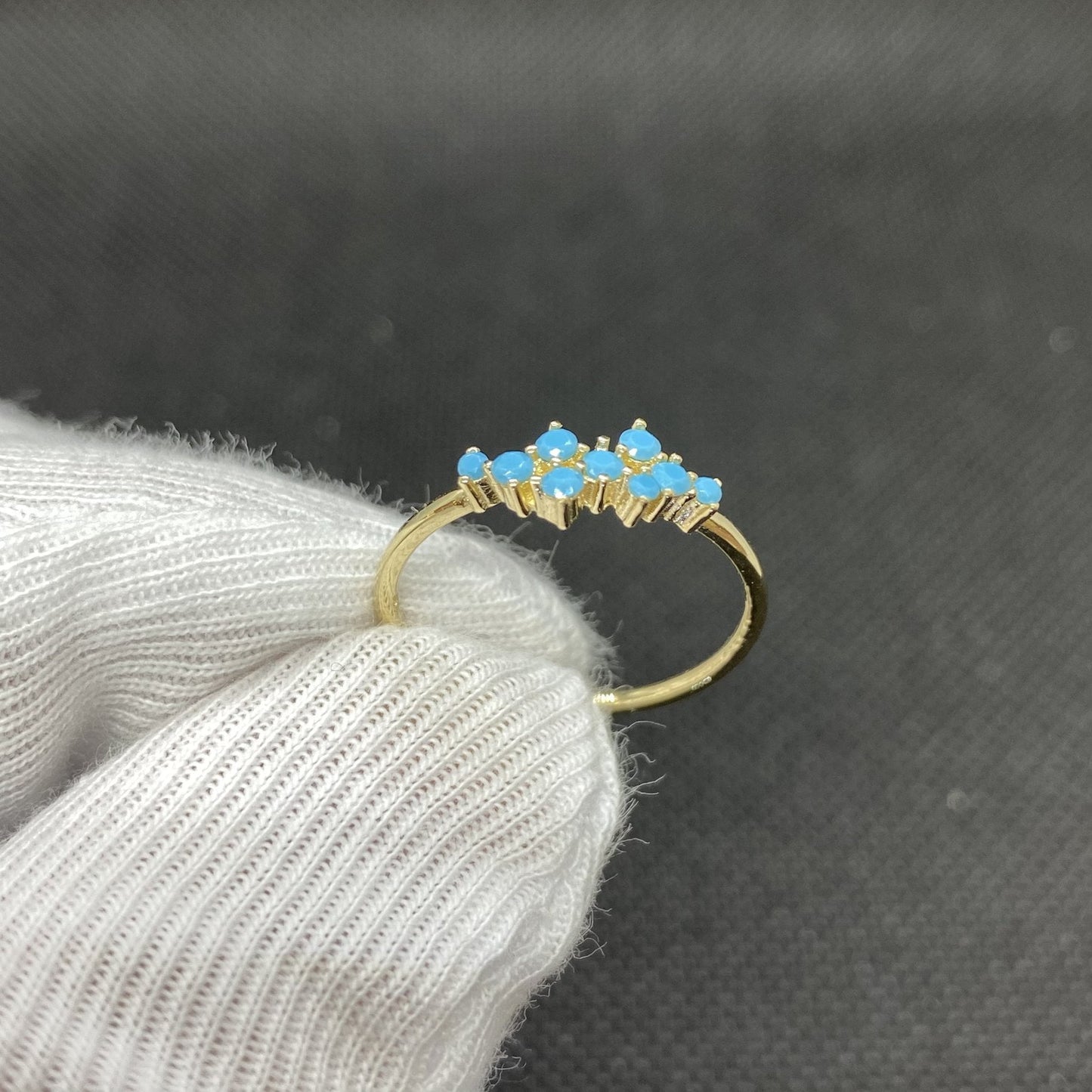 14K Real Solid Gold Turquoise Cluster Ring for Women , Gold Turquoise Stackable Ring , Dainty December Birthstone Ring , Jewelry Gift for He