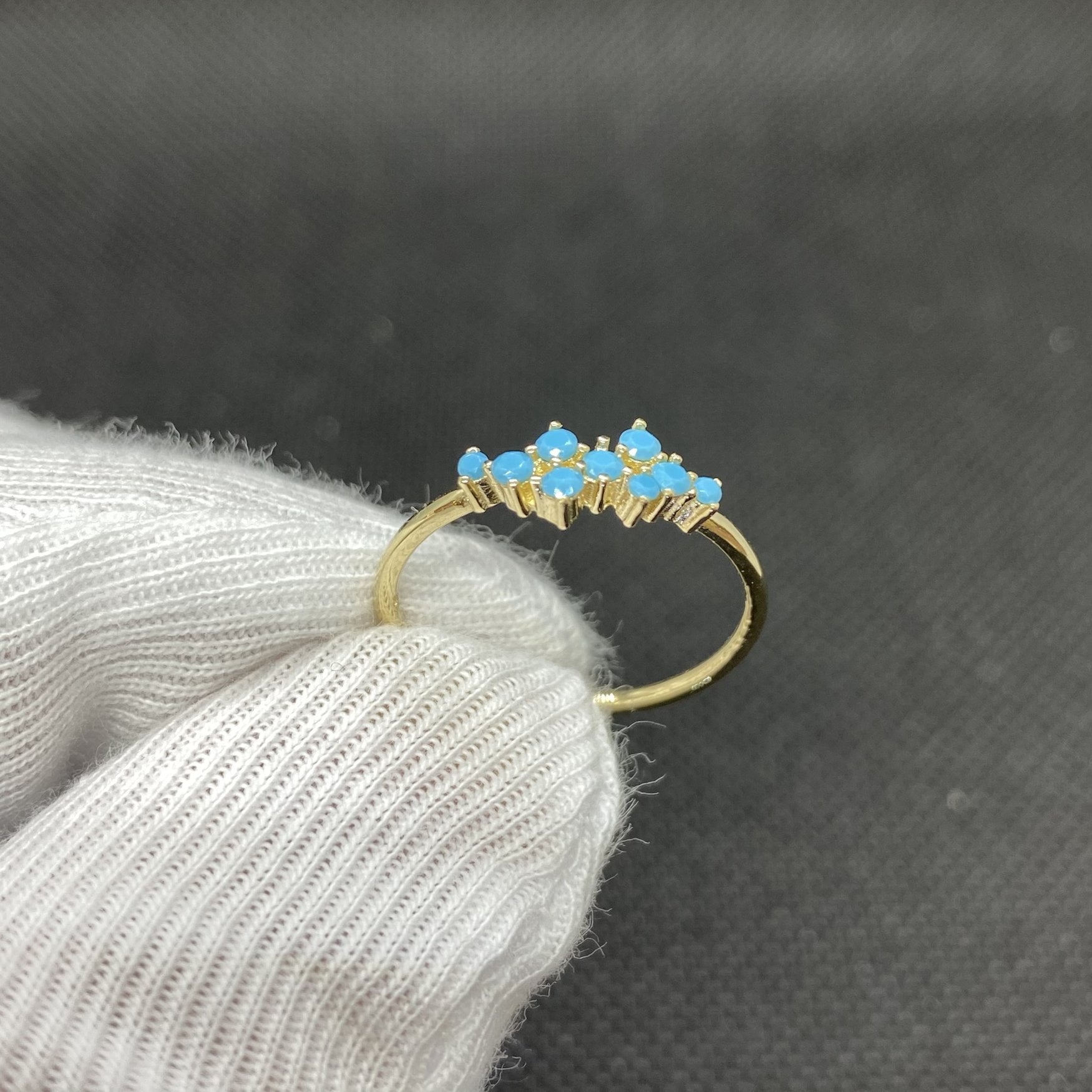 14K Real Solid Gold Turquoise Cluster Ring for Women , Gold Turquoise Stackable Ring , Dainty December Birthstone Ring , Jewelry Gift for He