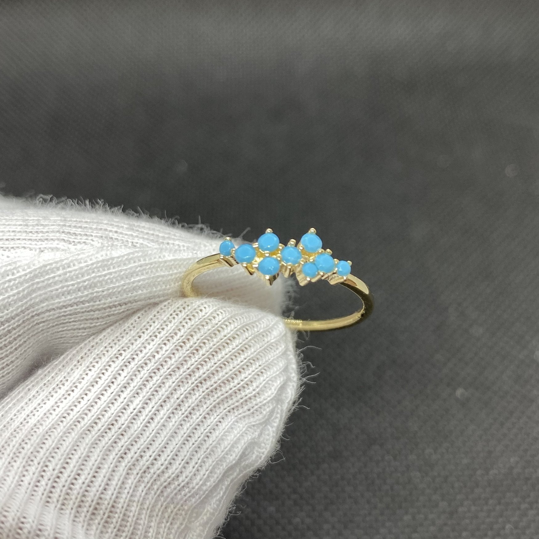 14K Real Solid Gold Turquoise Cluster Ring for Women , Gold Turquoise Stackable Ring , Dainty December Birthstone Ring ,Jewelry Gift for He