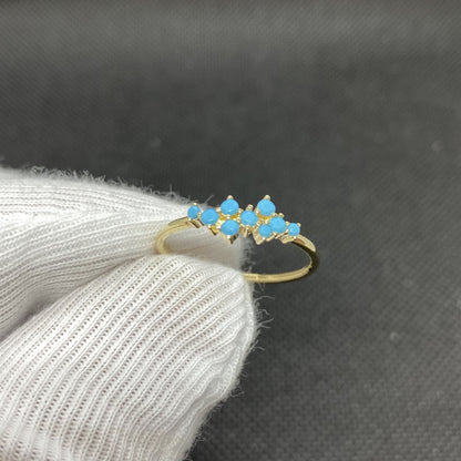 14K Real Solid Gold Turquoise Cluster Ring for Women , Gold Turquoise Stackable Ring , Dainty December Birthstone Ring ,Jewelry Gift for He