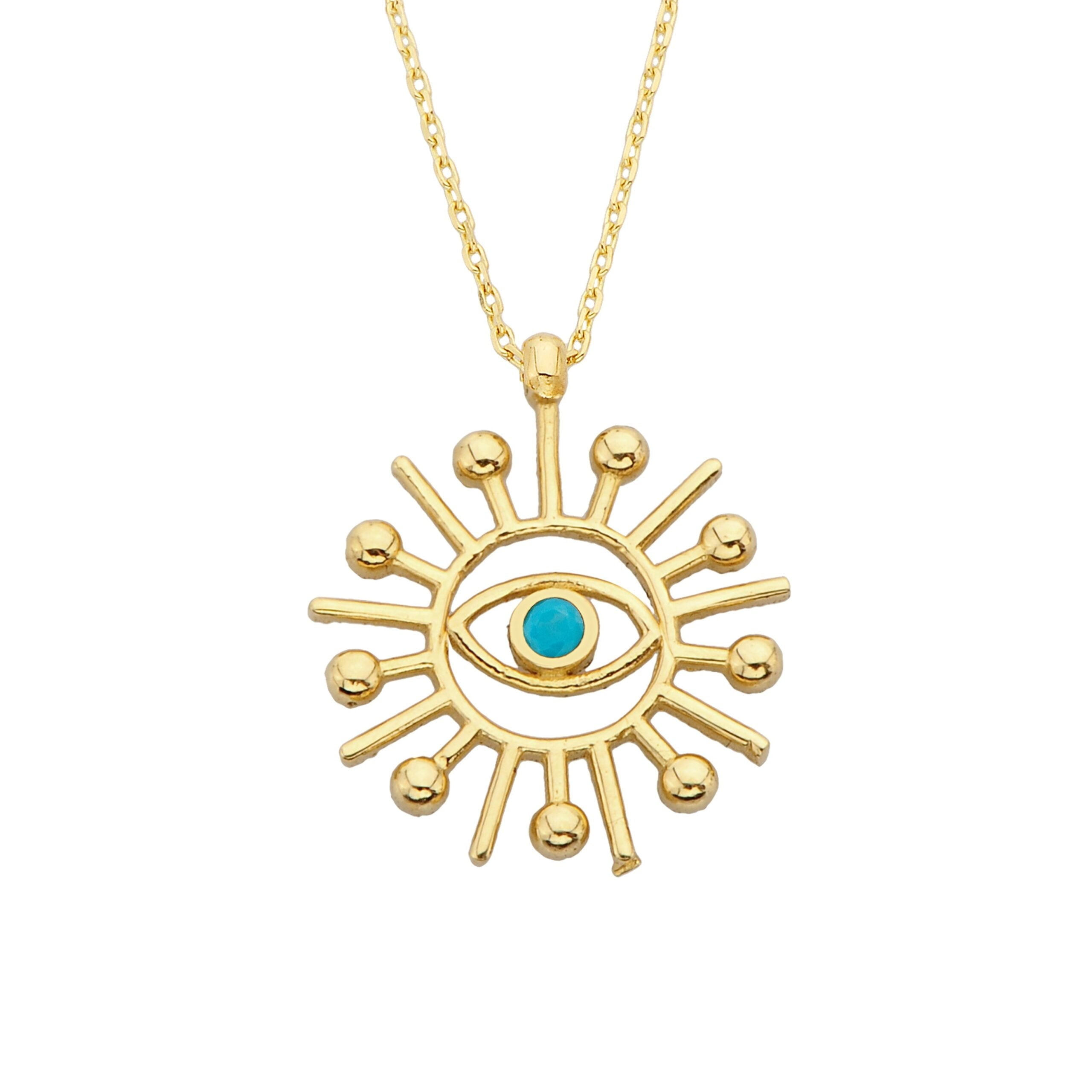 14K Real Solid Gold Turquoise Evil Eye Sun Pendant Necklace for Women Birthday Christmas Mother's Day Gift Jewelry dainty Zodiac
