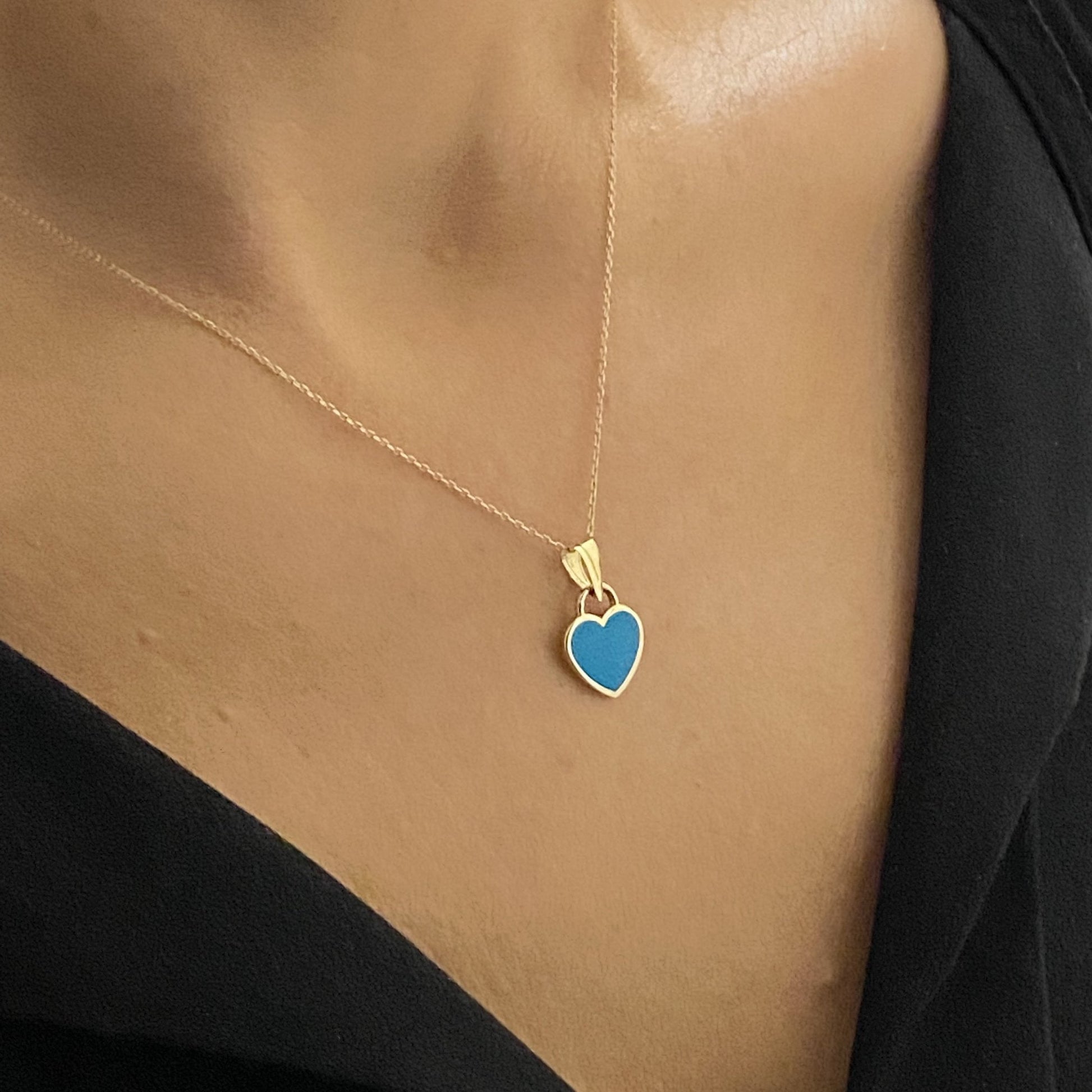14K Real Solid Gold Turquoise Heart Necklace for Women , Gold Heart Pendant , Dainty Tiny Turquoise Heart , Charm Jewelry Gift
