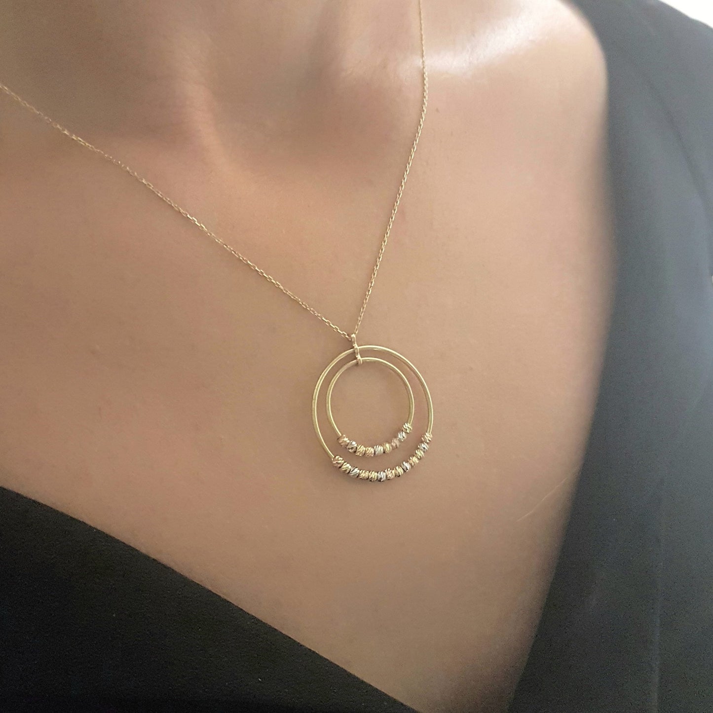 14K Real Solid Gold Two Circles Rings Hoops with Italian Balls Cute Charm Dainty Delicate Trendy Pendant Necklace Best Birthday gift for Women Jewelry