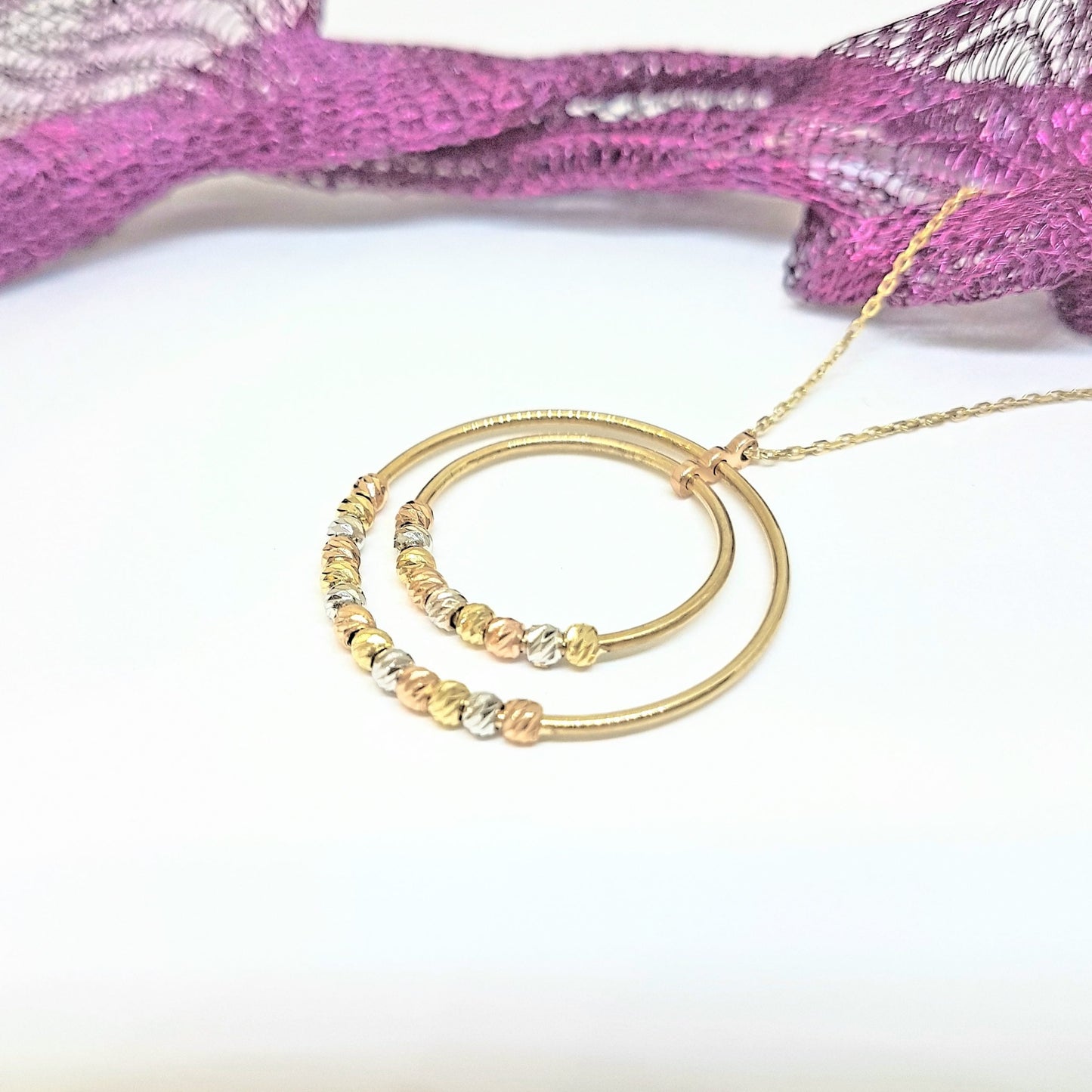 14K Real Solid Gold Two Circles Rings Hoops with Italian Balls Cute Charm Dainty Delicate Trendy Pendant Necklace gift