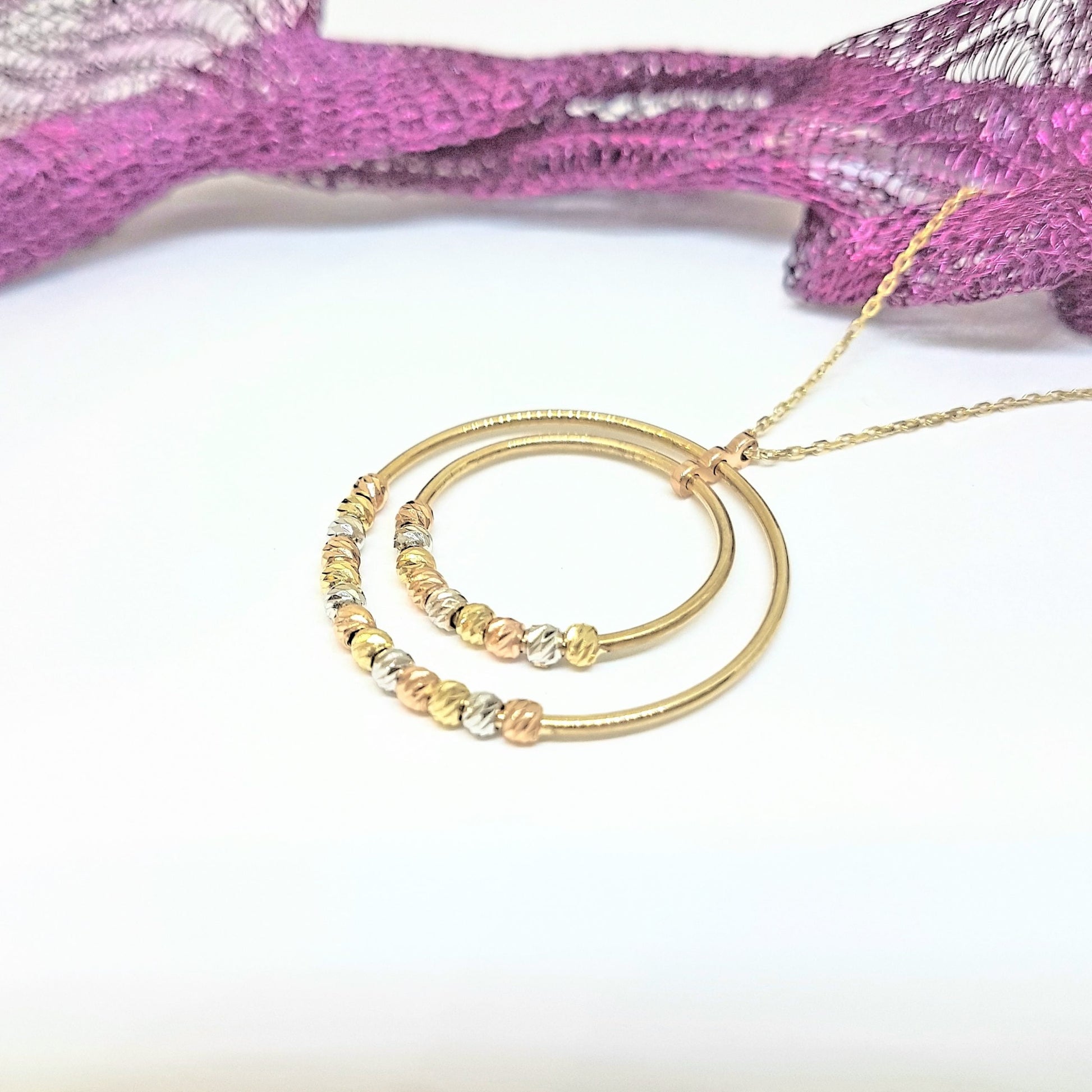 14K Real Solid Gold Two Circles Rings Hoops with Italian Balls Cute Charm Dainty Delicate Trendy Pendant Necklace gift