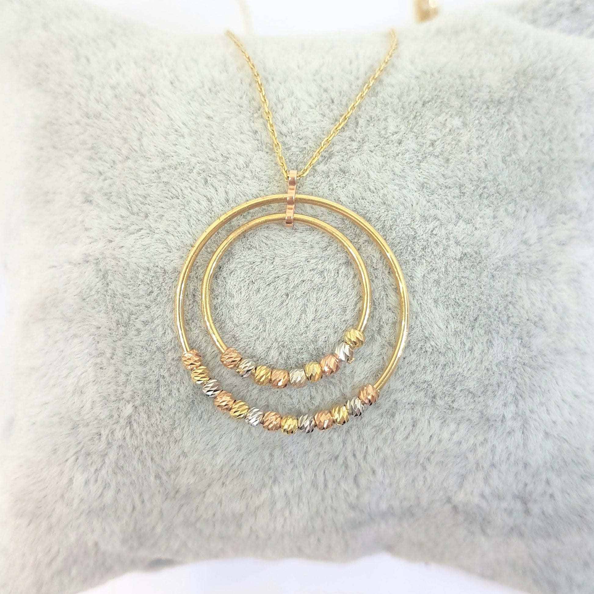 14K Real Solid Gold Two Circles Rings Hoops with Italian Balls Cute Charm Dainty Delicate Trendy Pendant Necklace gift