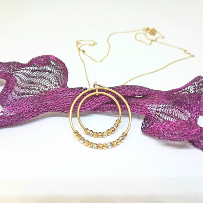 14K Real Solid Gold Two Circles Rings Hoops with Italian Balls Cute Charm Dainty Delicate Trendy Pendant Necklace gift