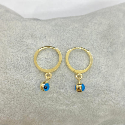 14K Real Solid Gold Two Sided Evil Eye Dangle Drop Hoops Earrings for Kids Teen Girls , Nazar Jewelry for Baby ,Birthday Gift for Baby Girl