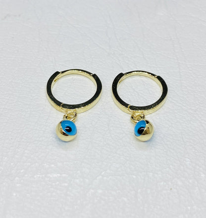 14K Real Solid Gold Two Sided Evil Eye Dangle Drop Hoops Earrings for Kids Teen Girls , Nazar Jewelry for Baby , Birthday Gift for Baby Girl