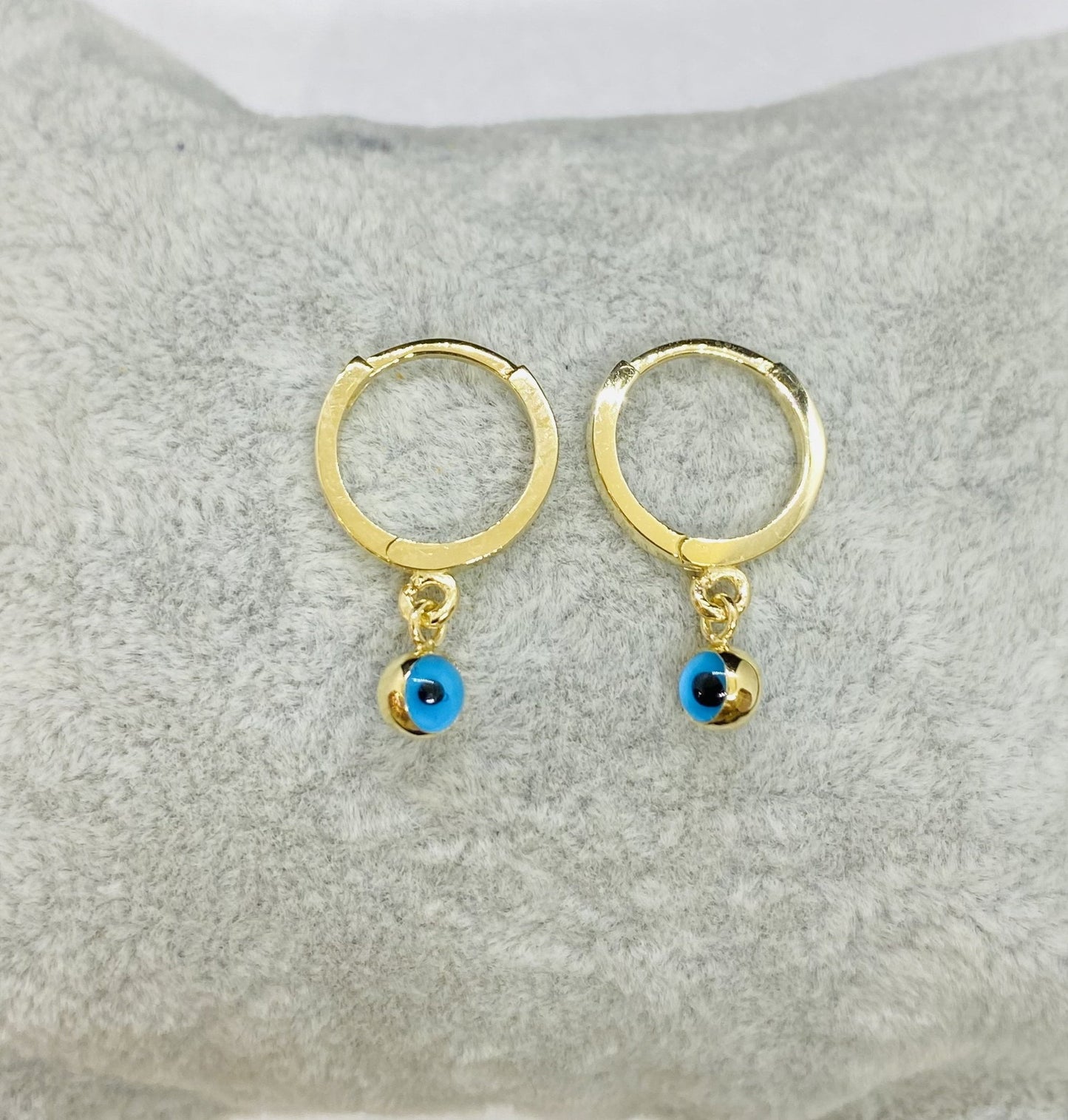 14K Real Solid Gold Two Sided Evil Eye Dangle Drop Hoops Earrings for Kids Teen Girls , Nazar Jewelry for Baby , Birthday Gift for newborn