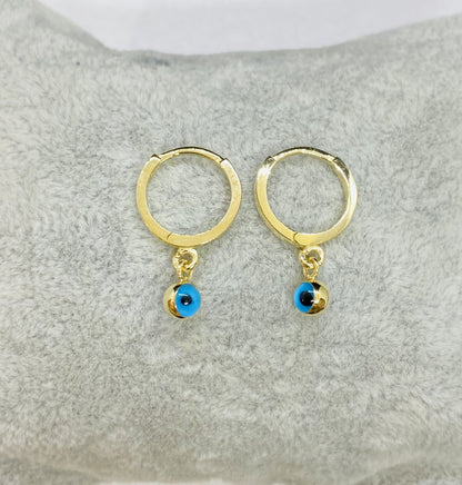 14K Real Solid Gold Two Sided Evil Eye Dangle Drop Hoops Earrings for Kids Teen Girls , Nazar Jewelry for Baby , Birthday Gift for newborn