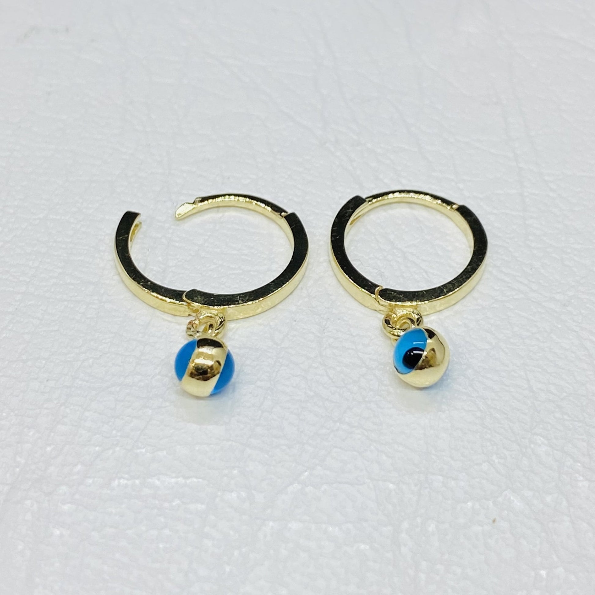 14K Real Solid Gold Two Sided Evil Eye Dangle Drop Hoops Earrings for Kids Teen Girls , Nazar Jewelry for Baby , Xmas Gift for Baby Girl